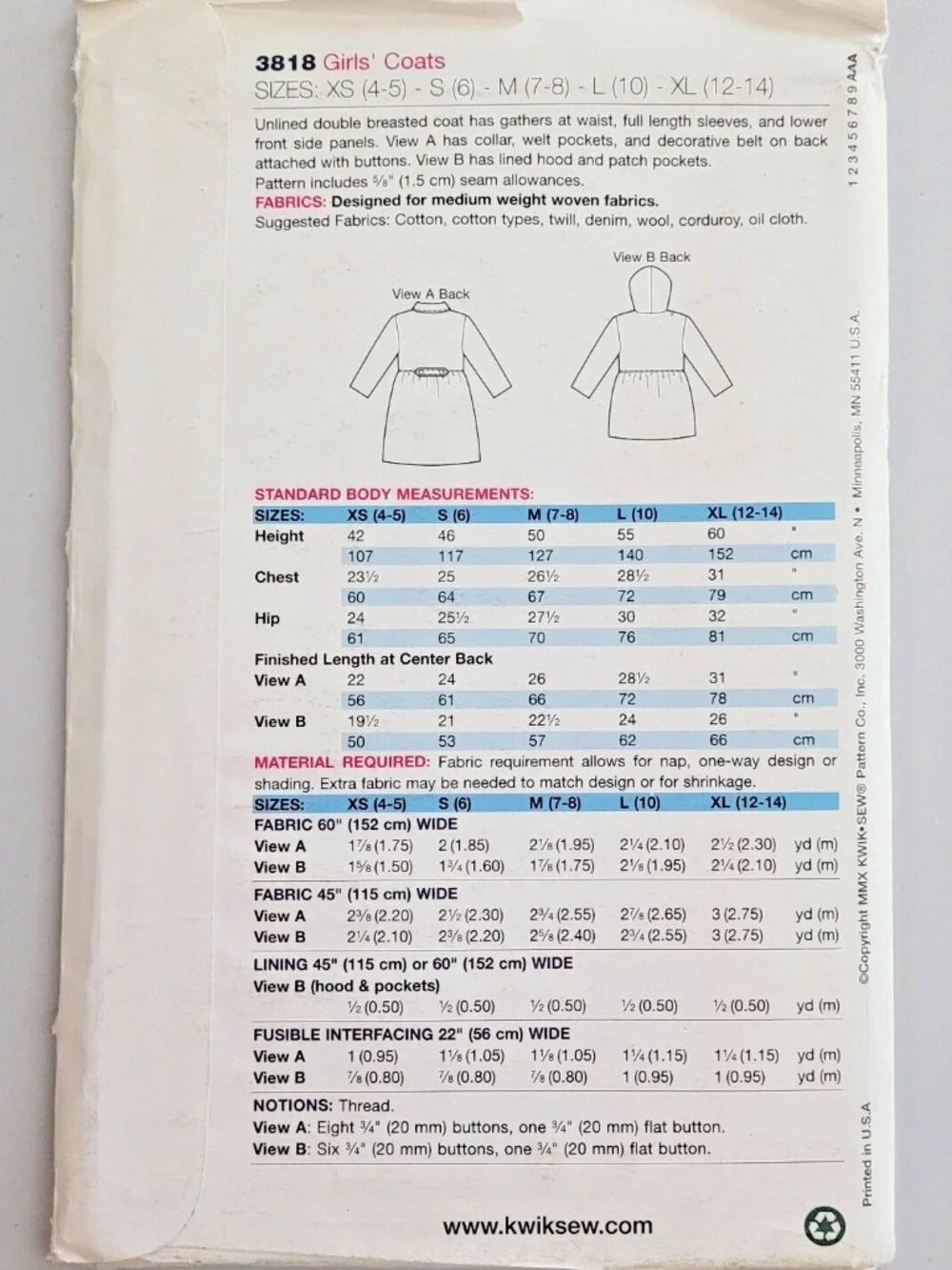 KWIK SEW 3818 Girls Coat/jacket Sewin Pattern Uncut NEW Sizes 4-14 Optional Hood